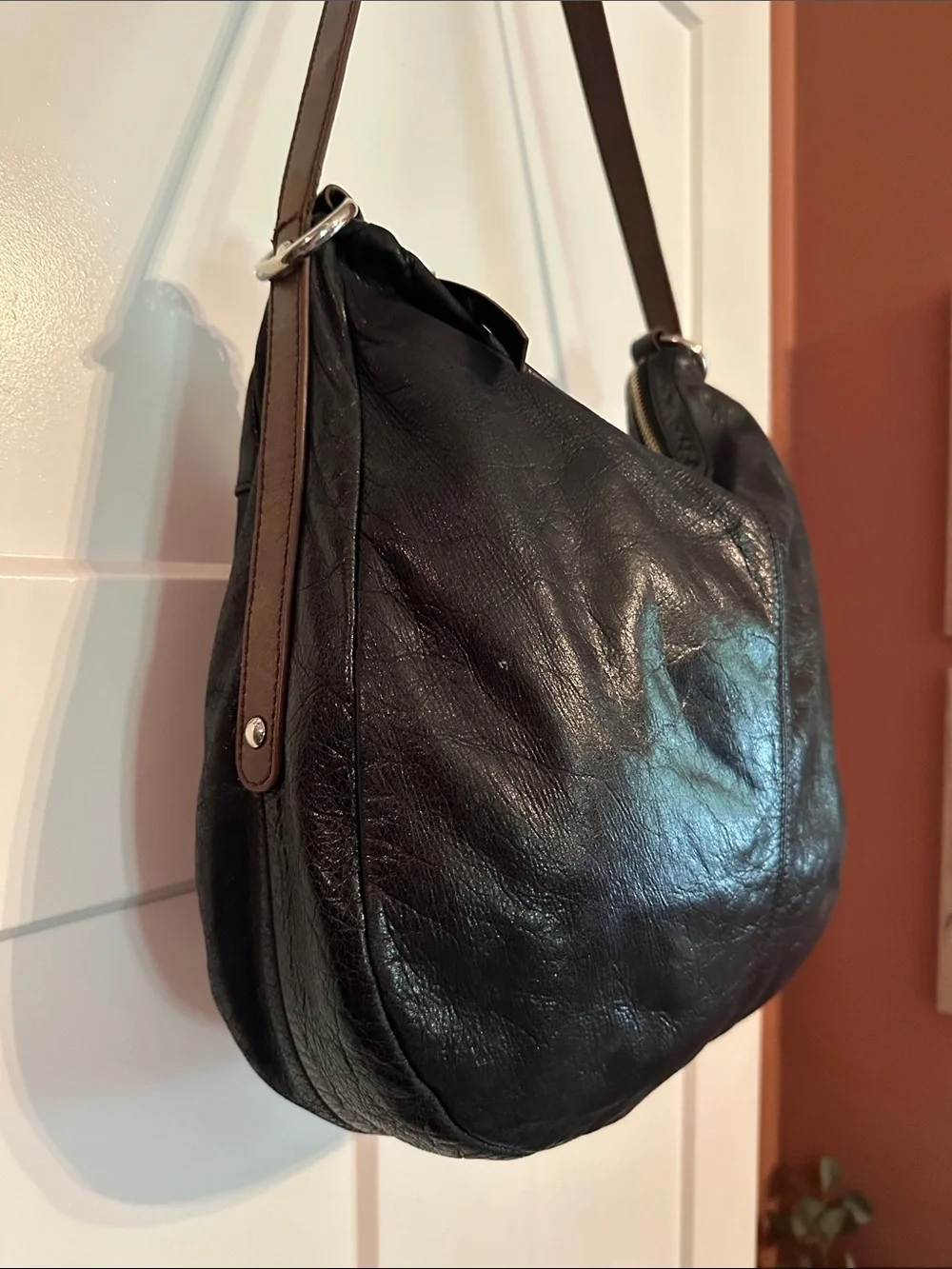 Hobo Black brown strap Leather Shoulder boho zipper Bag purse